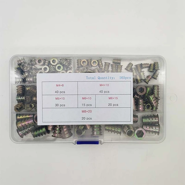 Threaded Inserts Nuts, Wood Insert Assortment Tool Kit, M4/M5/M6/M8  Furniture Screw Inserts Bolt Fastener(165 PCS)