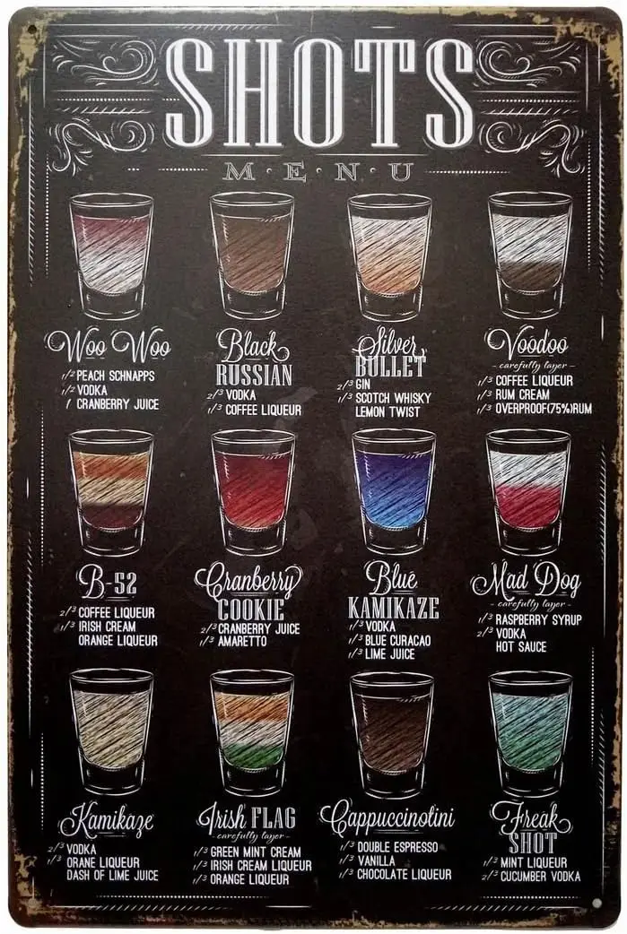 Shots Menu Retro Vintage Bar Metal Tin Sign Poster Ptyle Wall Art Pub Bar Decor 12X8