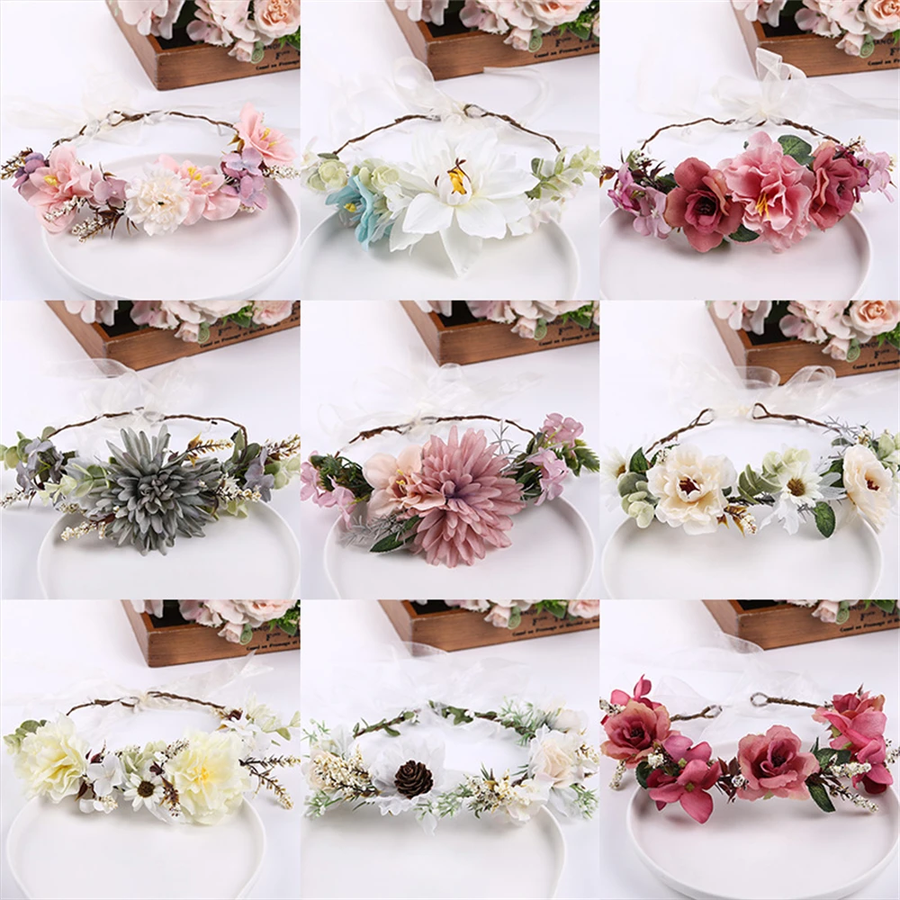 Women Flower Garland Wedding Floral Headband Hair Accessories Brid Tiara Princess Wreath Girls Hair Flower Crown Party Headdress