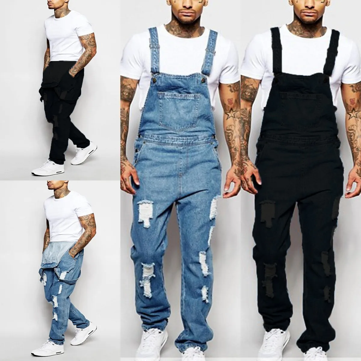 

Men's Ripped Denim Overalls Fashion Full Length Suspender Pants Homme Jeans High Street Jumpsuit Distressed Casual Trousers