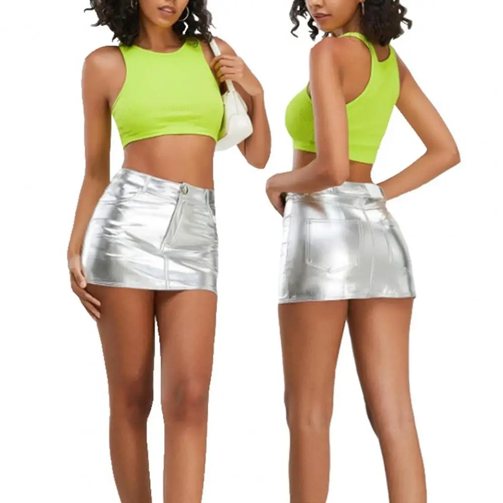 

Tight Fit Skirt Glossy High Waist Mini Skirt for Women Button Zipper Fly Design Solid Color Nightclub Skirt Wrapped Style Women