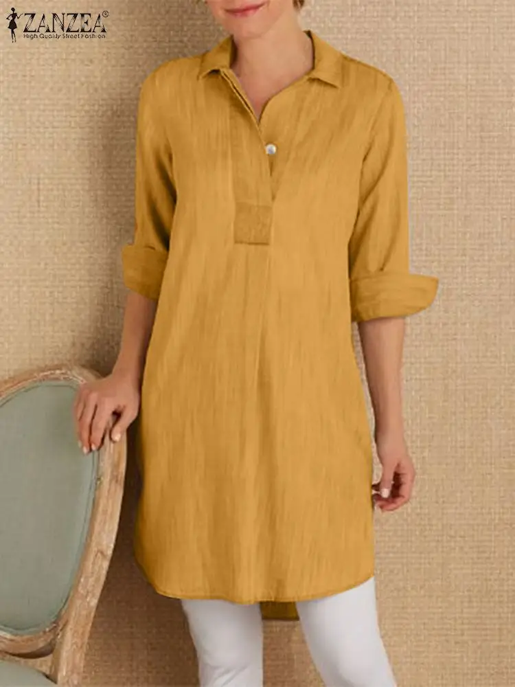 

Женские весенние блузки ZANZEA, модная рубашка с отложным воротником и длинным рукавом, женские офисные топы, туника, элегантная повседневная свободная хлопковая рубашка
