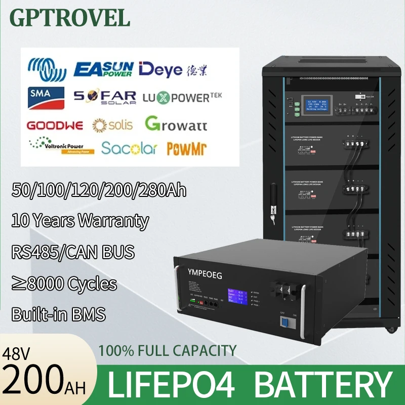 

48V 200Ah Brand New Grade A LiFePO4 Battery Pack 100% Full Capacity Built-in BMS 8000 Cycles 50Ah/100Ah Solar Power Storage