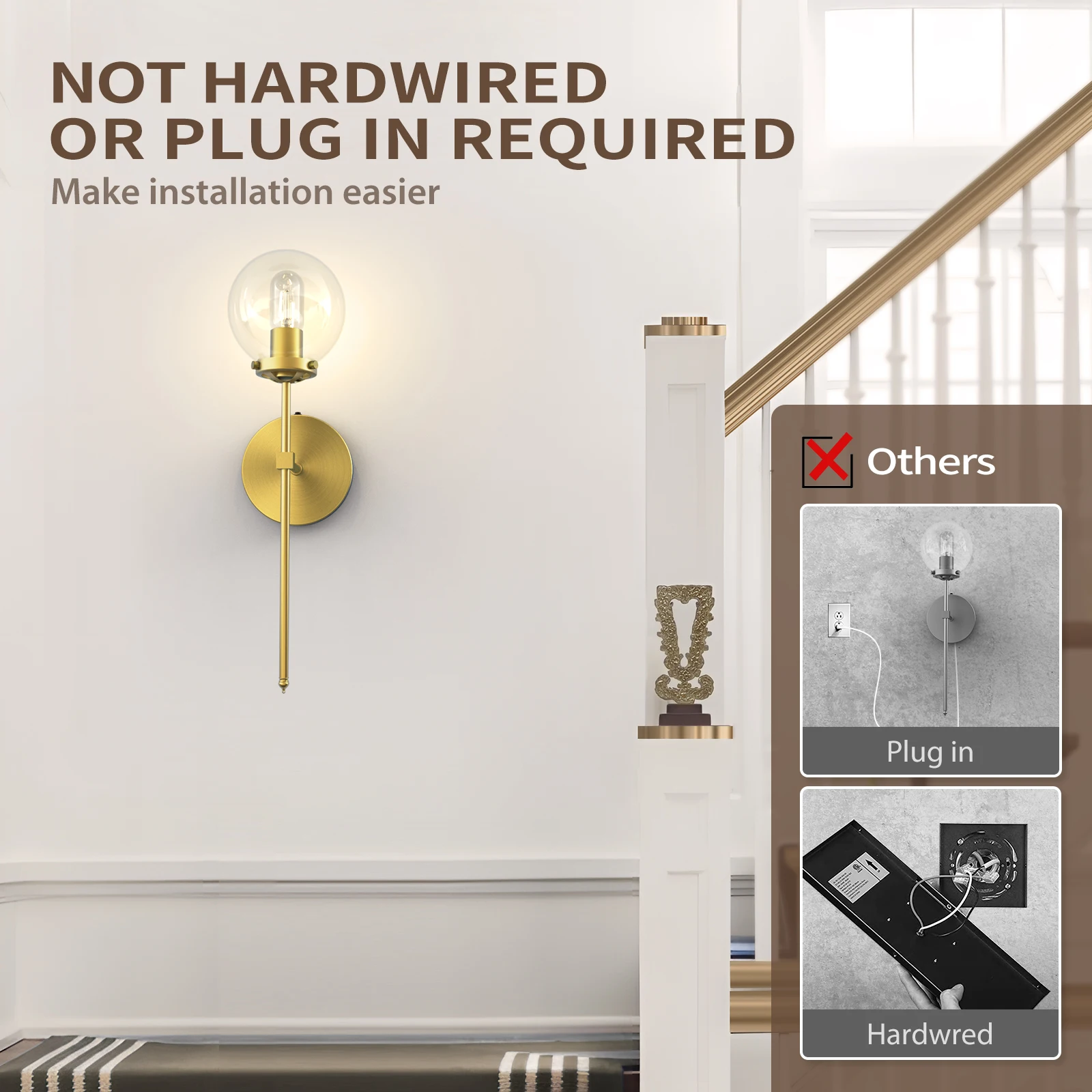 Wall lamp, Led ウォールランプトリコロール調光ゴールド壁取り付け用燭台工業用マットグローブガラスウォールライトリビング