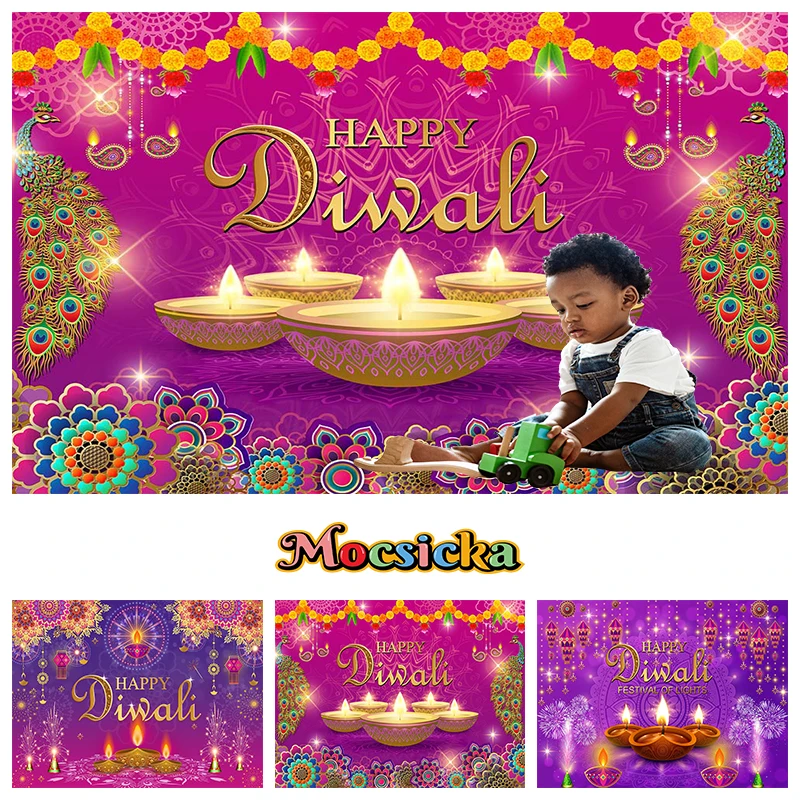 

Mocsicka Diwali Party Celebrate Decoration Photography Backdrop Candle Lamp Fireworks Props Background Studio Photobooth Banner