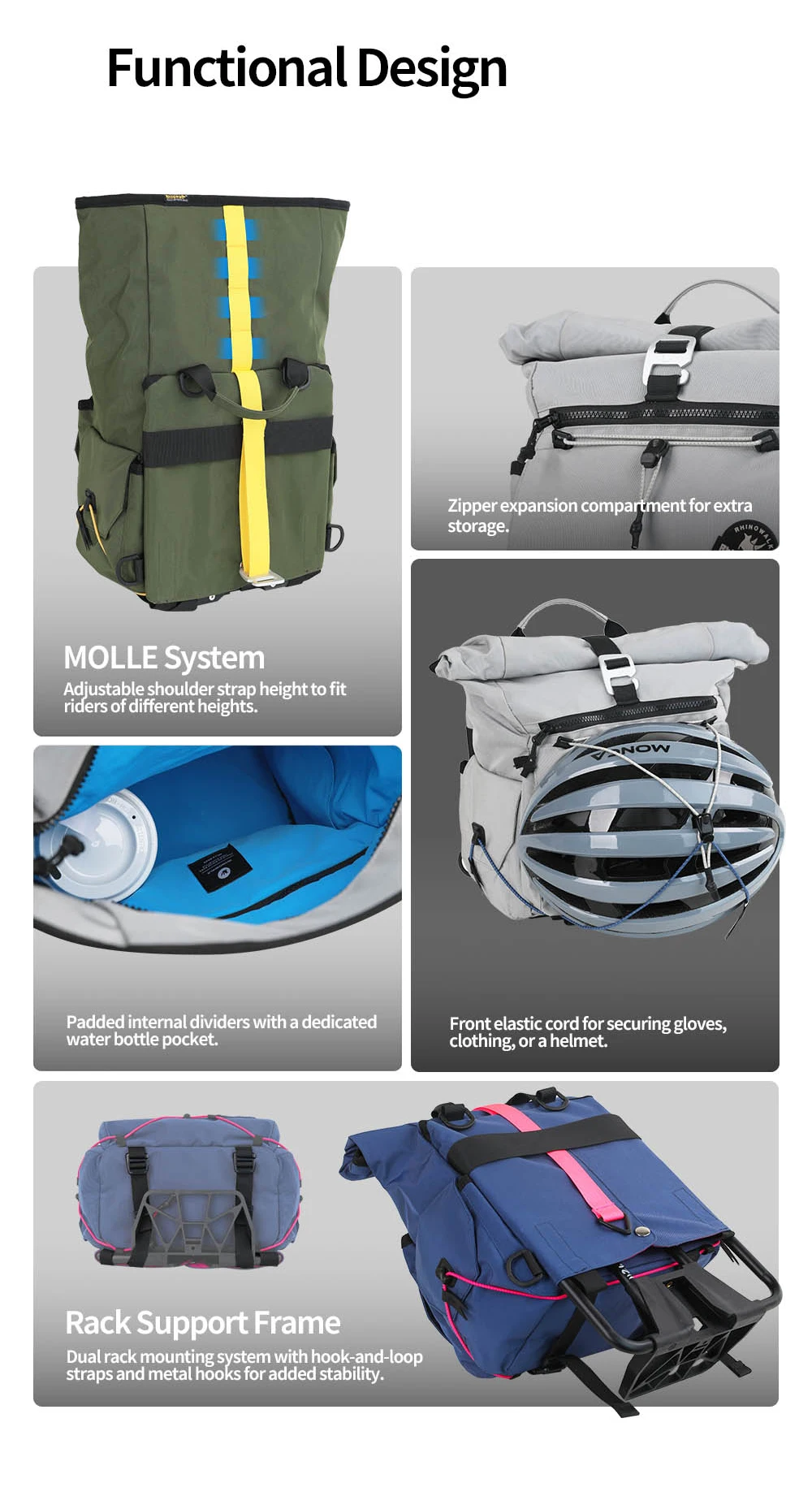 Fahrrad-Lenkertasche, 17 l, Fahrradrucksack, Aufbewahrungstasche, Vorderkorb mit MOLLE-System, Gepäckträgerhalterung für Brompton Dahon – Detail 7