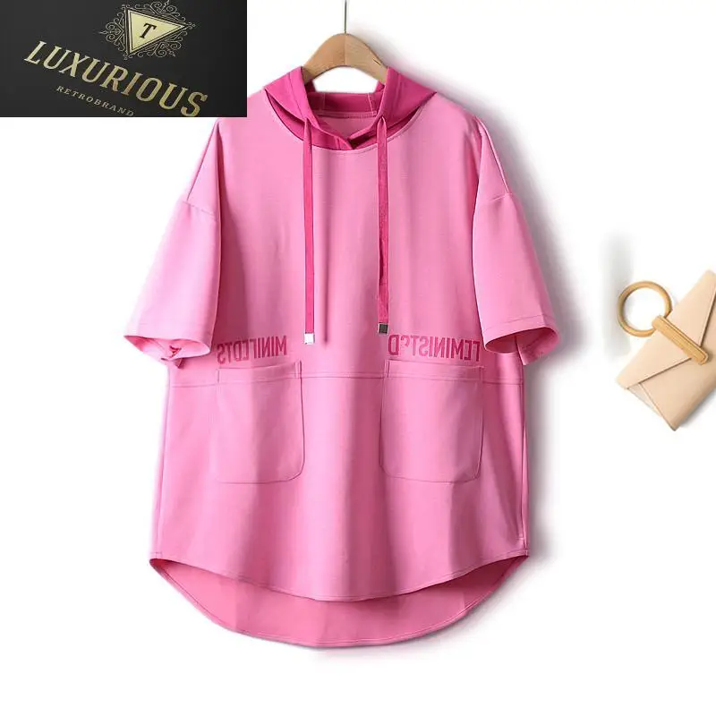 

2023 Spring Casual Sports Style Hooded Color Matching Letter Contrast Short Sleeve Summer Sweater Women's T-shirts