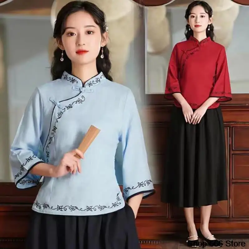 

Traditional Chinese Women's Clothing Embroidery Ethnic Style Top Female Cotton Linen Coat Spring Retro Literature Art Shirt