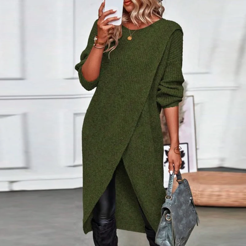 

2023 Fashion Wrap Pullover Loose Slit Dress Women Commute Long Knit Coat Dresses Office Lady Vintage Harajuku Knitted Maxi Dress