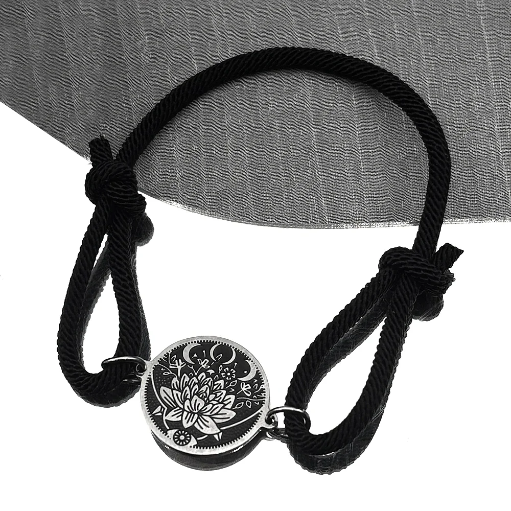 Hexen-Lotusblume Böser Blick Schwarzes Seilketten-Armband für Damen und Herren Edelstahl Dreifach-Mondgöttin Handkette Schmuck Geschenk