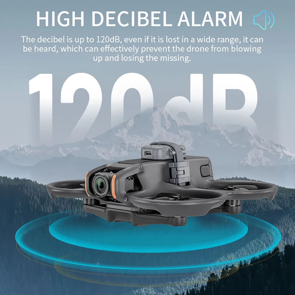Sirène lumineuse pour drone 120dB avec traqueur Bluetooth, connectée via USB-C pour recharge.