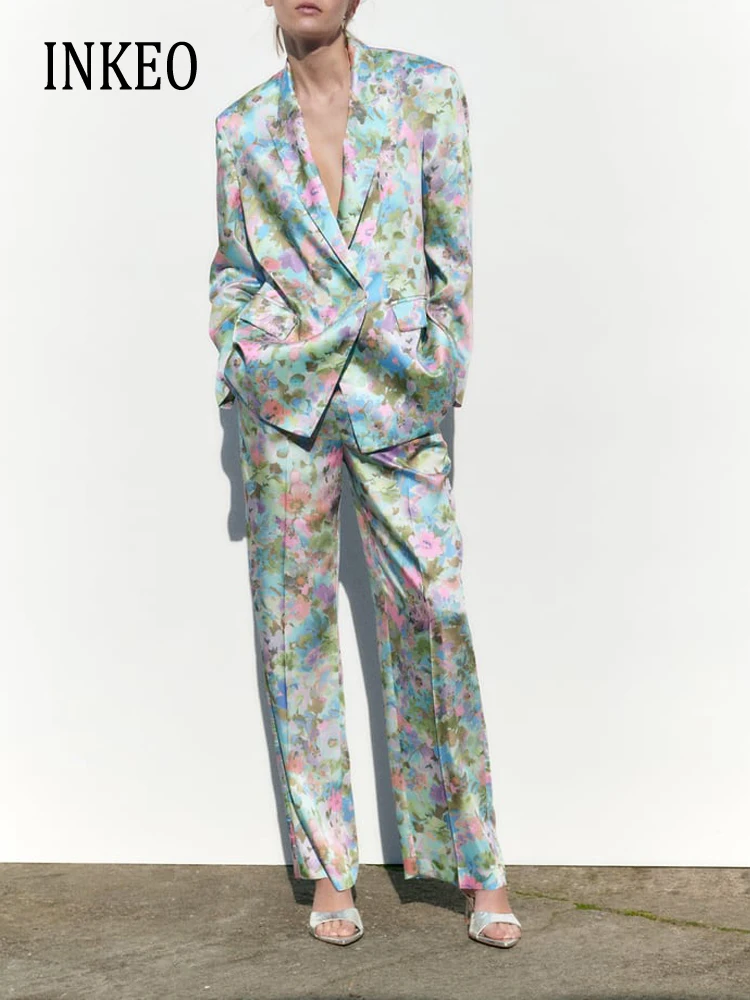 

Женский комплект из 2 предметов, элегантный винтажный блейзер с цветочным принтом и широкие брюки, модель INKEO 3O042 на весну и осень, 2023
