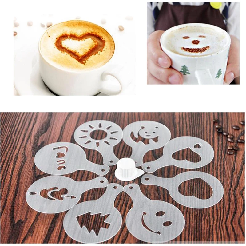 16pcs set Coffee Stencil Cappuccino Coffee Barista Stencils Template Strew Flowers Pad Duster Spray Kitchen Dining Bar coffee stencils
