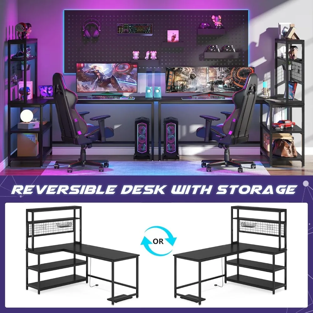 Computer Desk with Wireless Charging 5 Storage Shelves, Office Desk Study Table Writing Desk Workstation with Hutch Bookshelf 5