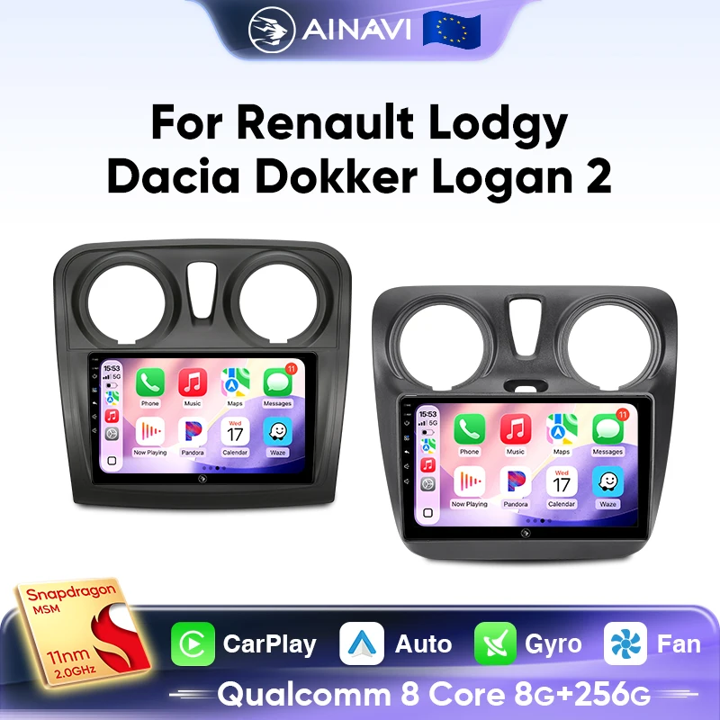 Radio para Auto Ainavi MP5 para Dacia Lodgy Renault Logan 2 Sandero 2014 2015 2016 2017 2018, Carplay Inalámbrico, Android Auto, Multimedia, GPS, BT 5.0, Giroscopio, HDMI, 2 Din 1