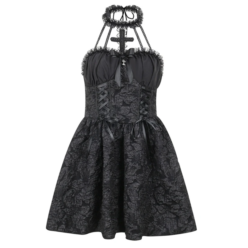 

Women Gothic Dress Black Lace Fluffy Skirt Halloween Vintage Dresses Clothes Y1QD