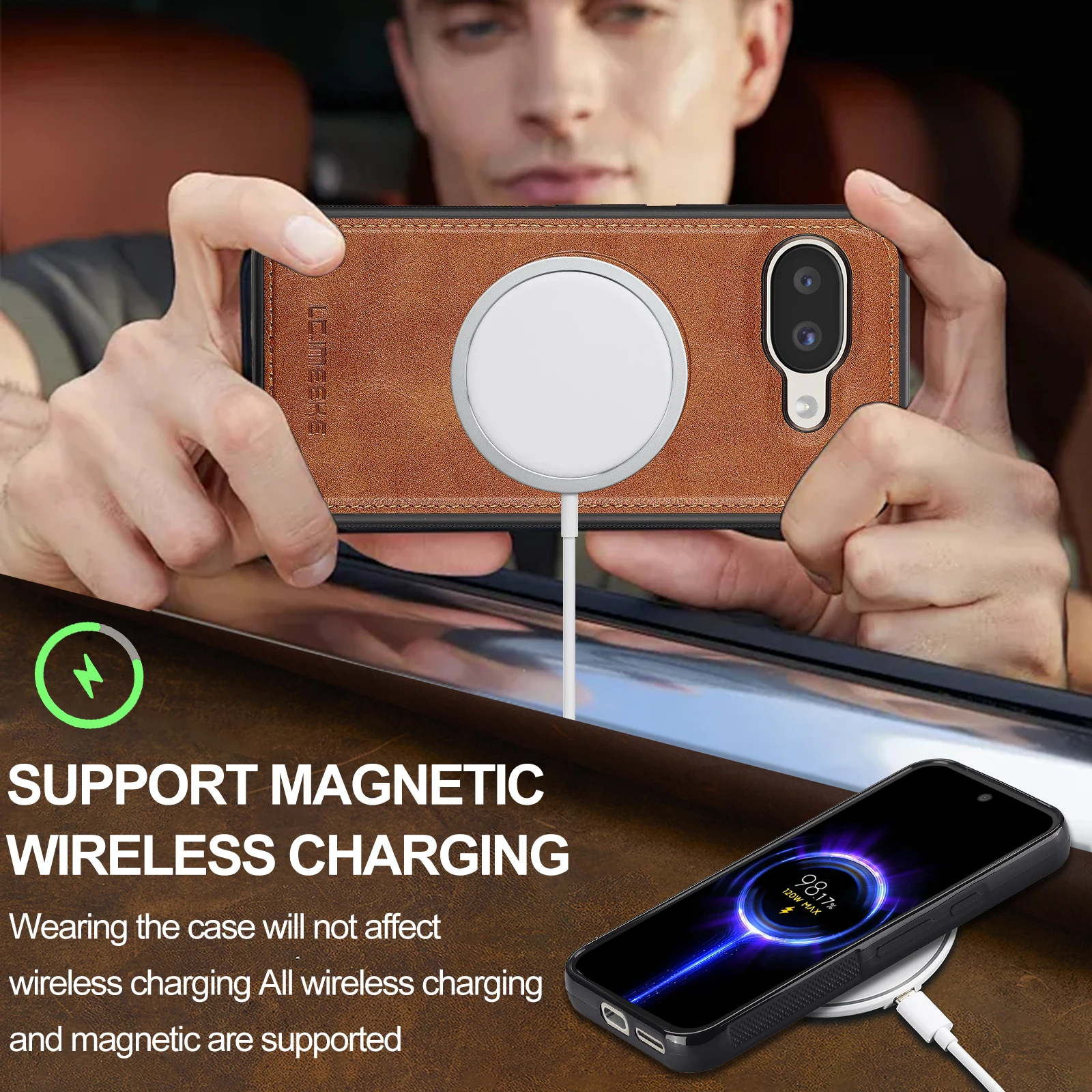 Luxury Magnetic Leather Phone Case with Wireless Charging and Shockproof Slim Fit Design