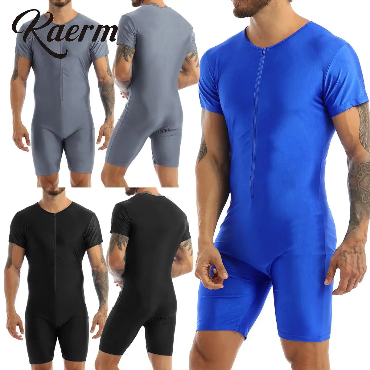 

Men's Solid Color Zip Up One Piece Bodysuit Short Sleeve Gymnastics Fitness Sports Jumpsuit Surfing Rash Guard Shorty Wetsuit