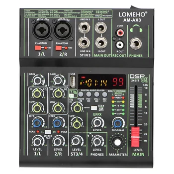 LOMEHO 미니 4 채널 오디오 믹서 48V 99 디지털 효과 휴대용 사운드 탭 블루투스 USB PC 재생 레코드 믹싱 콘솔 AM-AX3