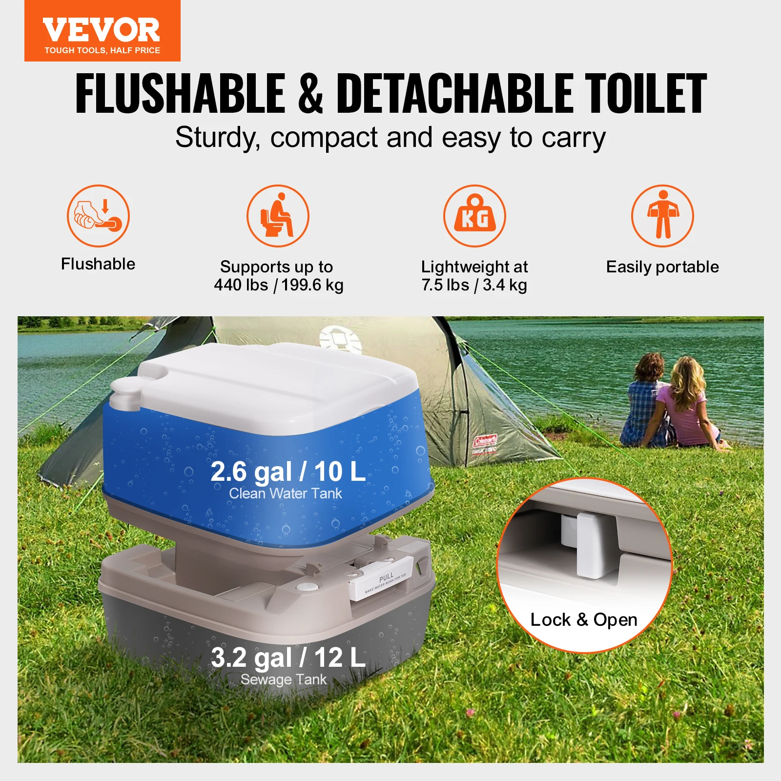 Smart Toilet VEVOR Portable Camping Toilet 3.2/5.3 Gal Waste Tank 2.6/3.2 Gal Flush Tank Push-Button Pressurized Level Indicator