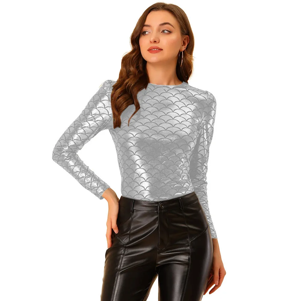 Sexy Faux Leather Long Sleeve Round Neck T-Shirts, Skinny Blouse, Shiny Fish, Mermaid Scales Shirt, Party Tops, Clubwear , 7XL 4