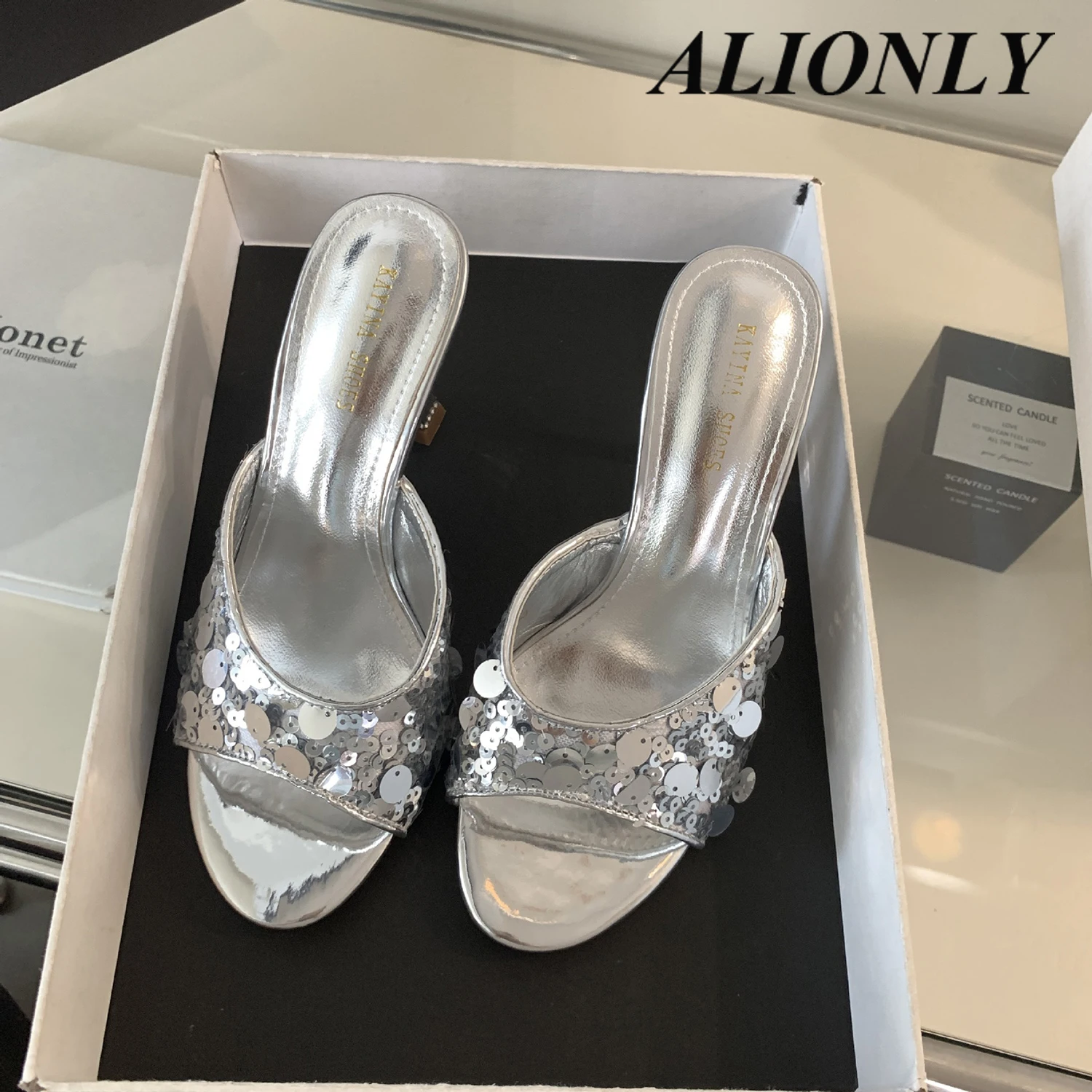 

Alionly 2024 новые летние женские туфли на тонком высоком каблуке и блестками Тонкие тапочки для внешней одежды обувь