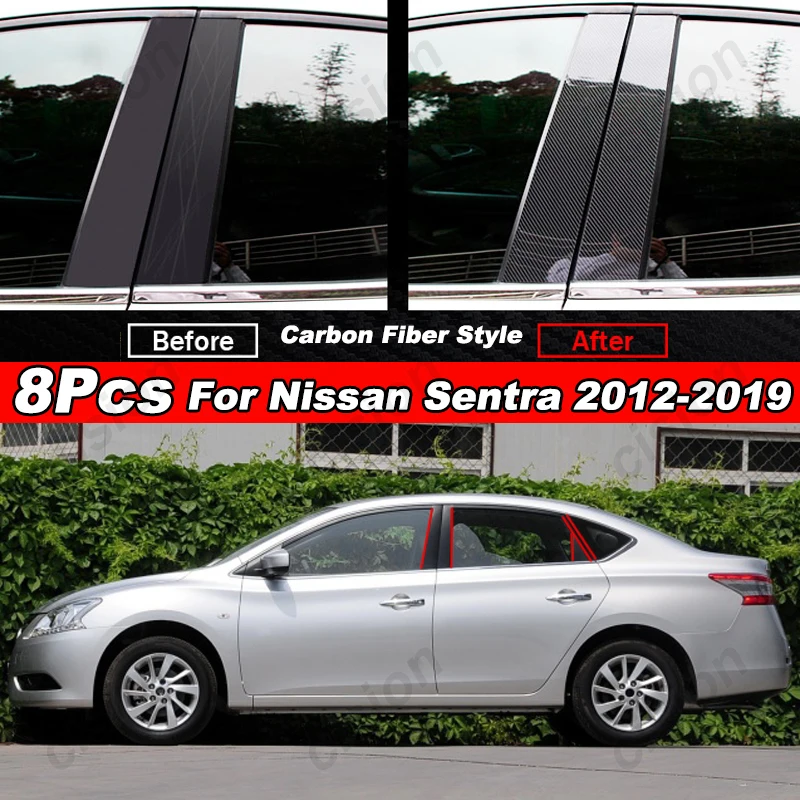 

8Pcs Carbon Fiber / Black Door Window BC Column Pillar Post Trim Cover PC Material Sticker For Nissan Sentra Sylphy 2012-2019