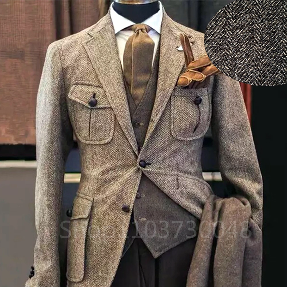 XS-6XL Men's Suit Brown Herringbone Blazer Tuxedos Only Coat Wool Tweed Single Breasted Formal Bussiness/Wedding Prom Jacket 2