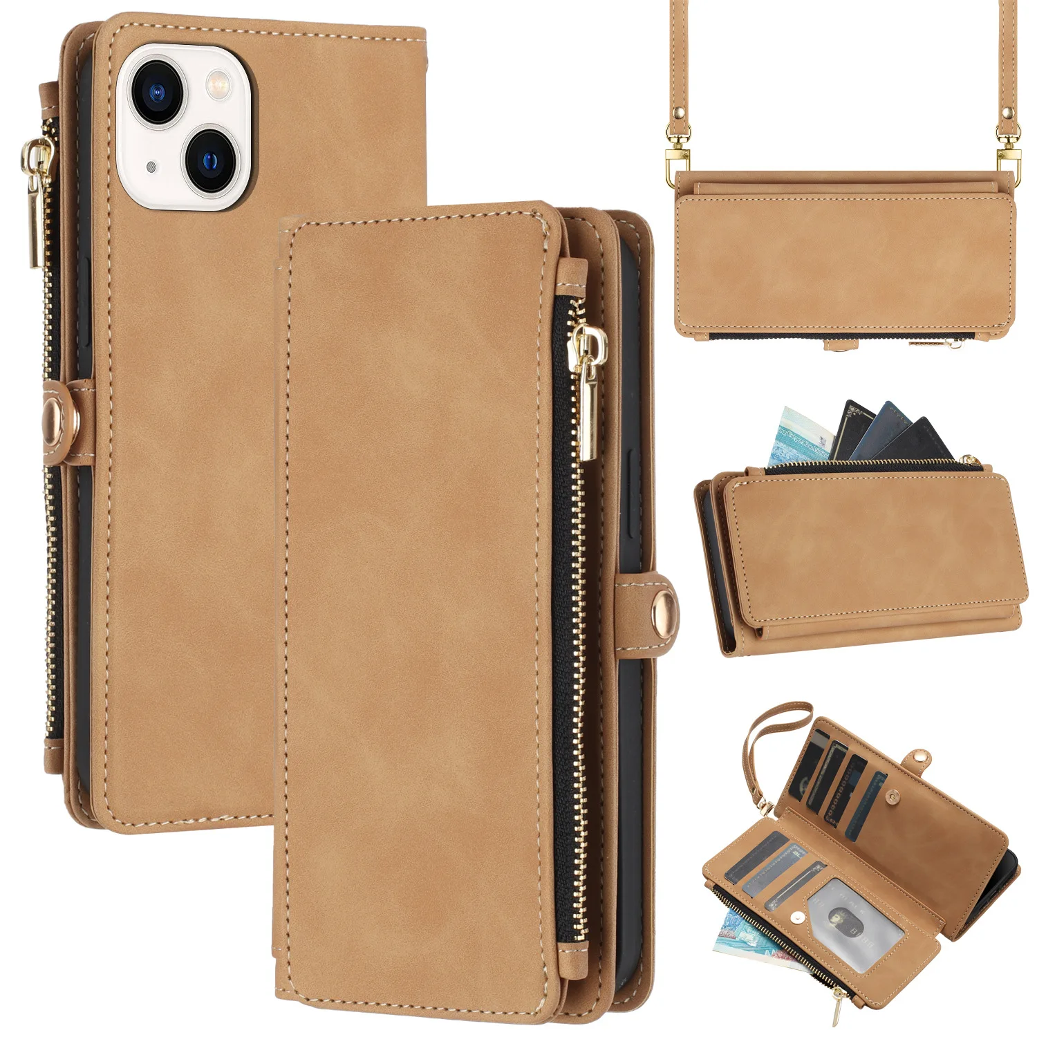 

Suitable For IPhone15Pro Wallet Phone Case Apple 14ProMax Diagonal Zipper Bag Anti-fall Leather Case