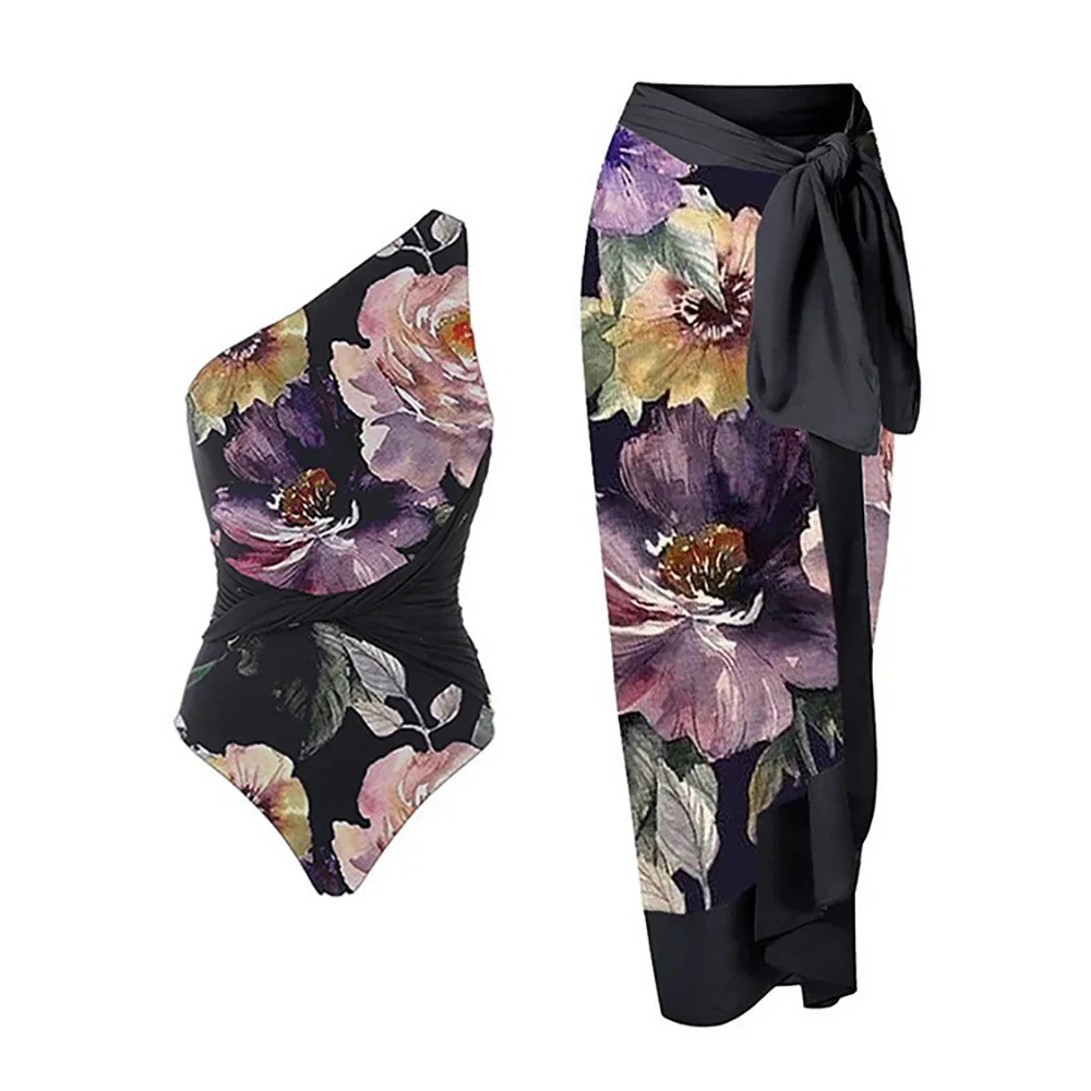 New Women Floral Print Swimwear Slanted Shoulder Printed One Piece Swimsuit Cover Up Dress Bikini Summer Beach Wear Cover Up