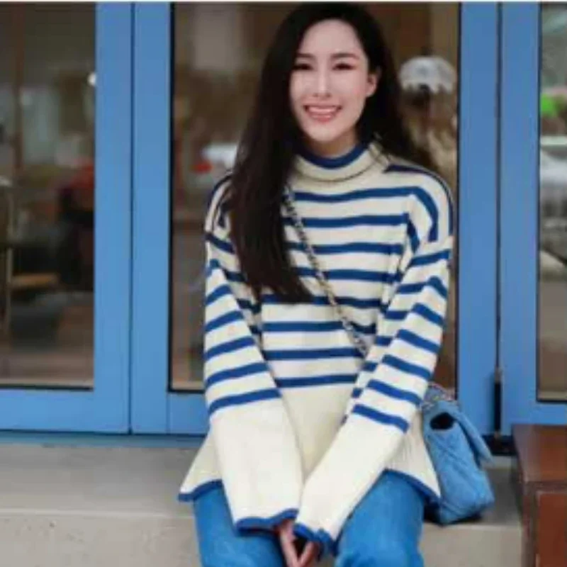 

Autumn Winter New Women Contrast Color Striped Turtle Neck Profile Wool Knit Pullover