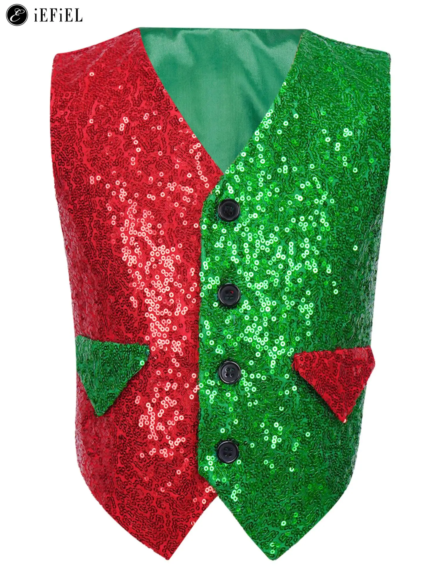 

Kids Christmas Elf Costume Santas Helper Shiny Sequins Waistcoat Vest Xmas Holiday Festive Cosplay Party Coat Jacket Blazer