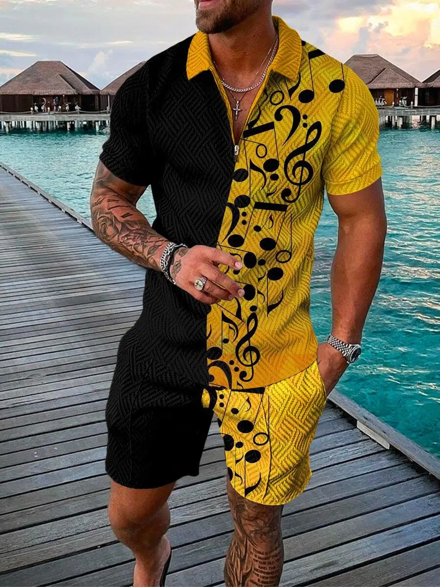 Men's High Quality Sportswear Short Sleeve Zip Polo Shirt + Shorts Set Men Street Sports Jogging 2 Piece Summer 2022