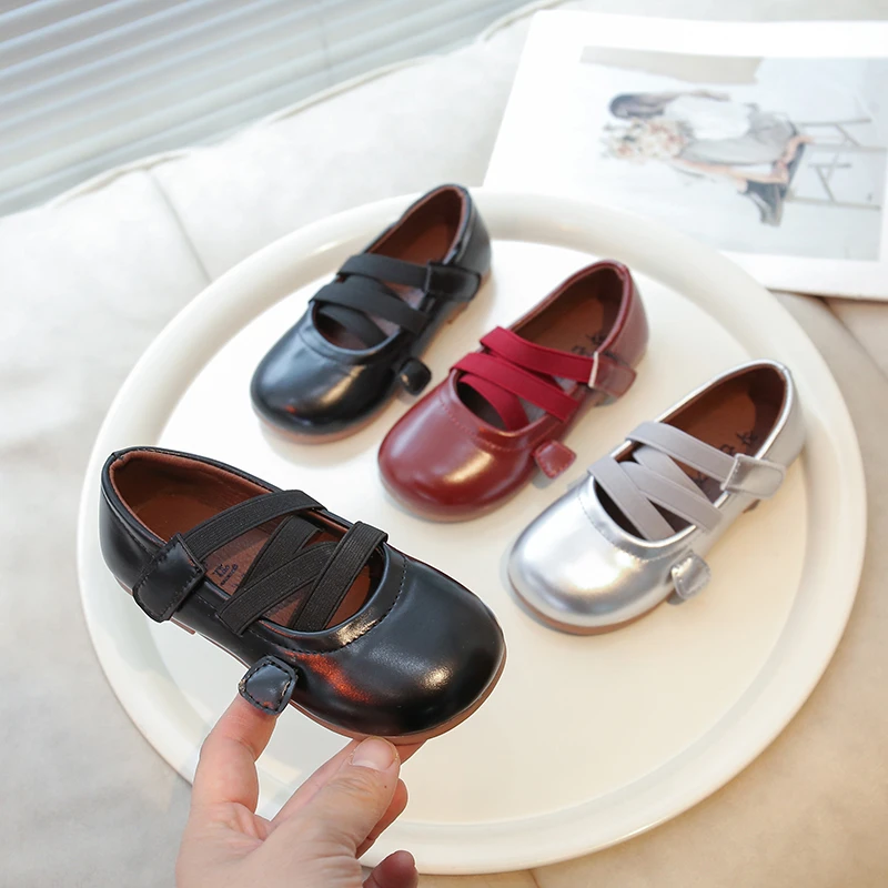 New Spring Little Girls Leather Shoes Fashion Black Red Versatile Kids Causal Princess Shoes Simple Children's Flats Round-toe