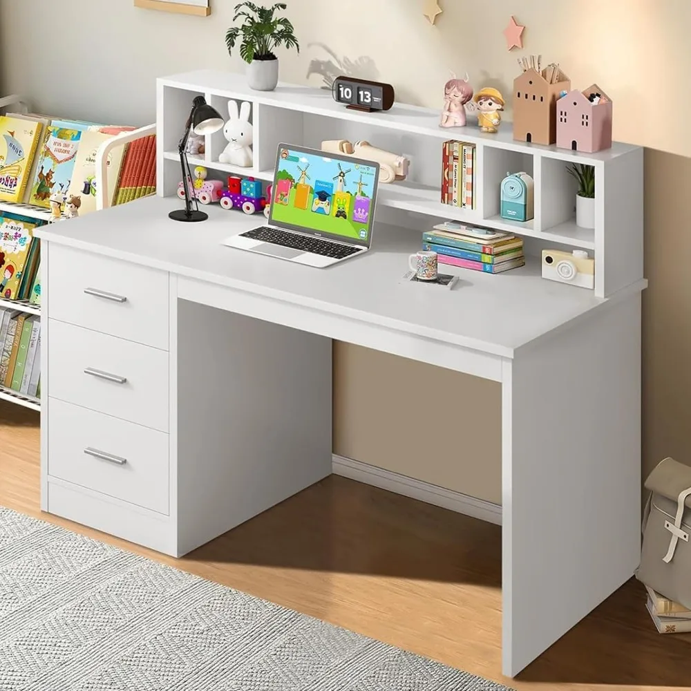 White Boys and Girls Desk with 3 Drawers, Wooden Kids Study Desk with Hutch, Drawing Writing and Learning Desk with Bookshelf 3