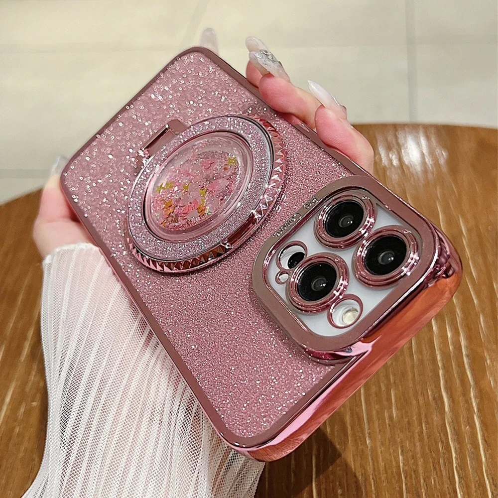 Bling Glitter Electroplate Magnetic Holder Quicksand Case for IPhone 16 15 14 Plus 11 12 13 Pro Max for Magsafe Bracket Cover_voghion.com