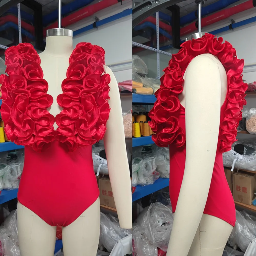 Red Rose Color Bikini Big Muliti Ruffle 2024Swimsuit pcs One