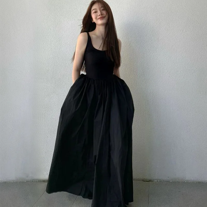 

Elegant Black Slip Dress Women's Fashion High Waist Casual Long Skirt Evening Dress Summer New Korean Style