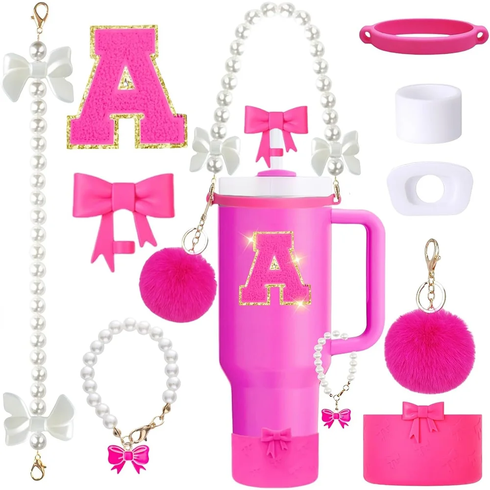 9pcs Pink Tumbler Cup Accessories Set for Tumbler 30oz 40oz with Handle,Including Bow Straw Topper and Boot,Pearl Handle Strap