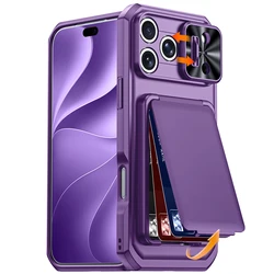Premium Anti - Fingerprint RFID Blocking Wallet Phone Case with Slide Camera Lens Cover - iPhone 16 Pro Max (Purple)