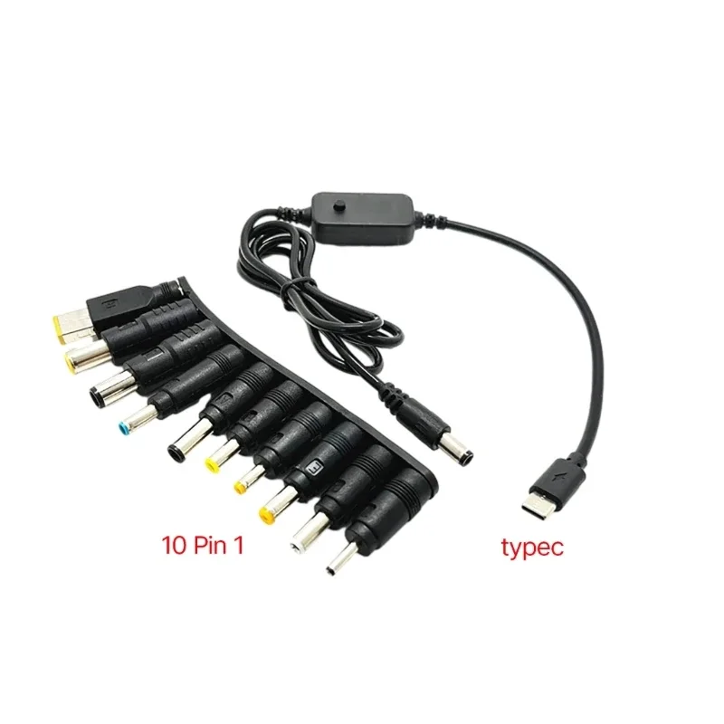 PD to DC Adapter Cable 5V 9V 12V 15V 20V Adjustable Voltage TypeC Male to DC5521 Male Power Cord with 10 Conversion Heads