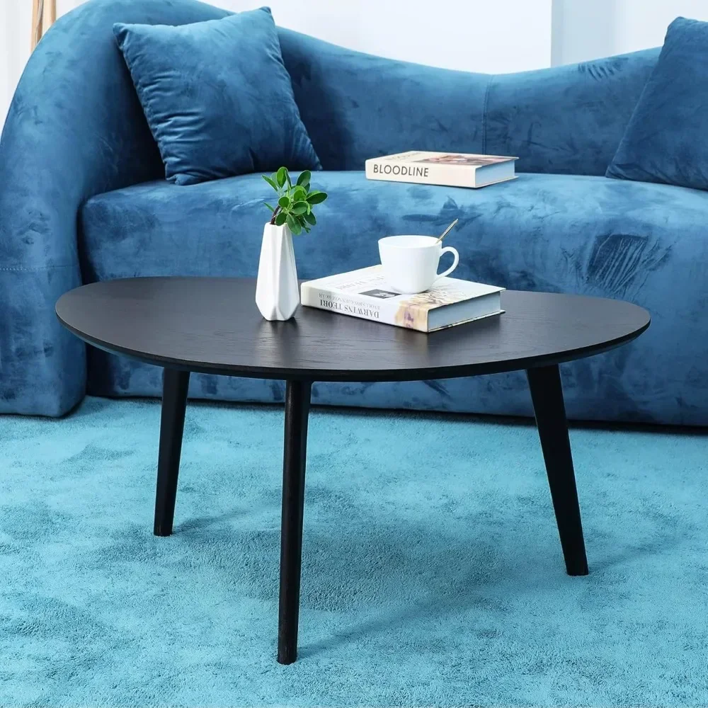 Small Black Oval Coffee Table for Small Space , Simple Modern Center Table with OAK Wood Legs-Black-18.9" D x 33.47" W