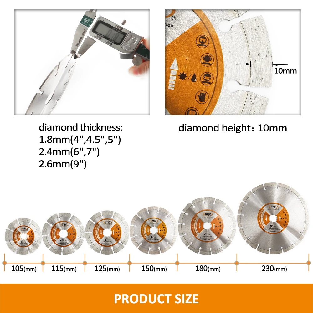 BGTEC 1pc 4/4.5/5/6/7/9inch Diamond Saw Blade Cut Plate 105-230mm Granite Marble Concrete Stone Tile Dry Cutting Disc