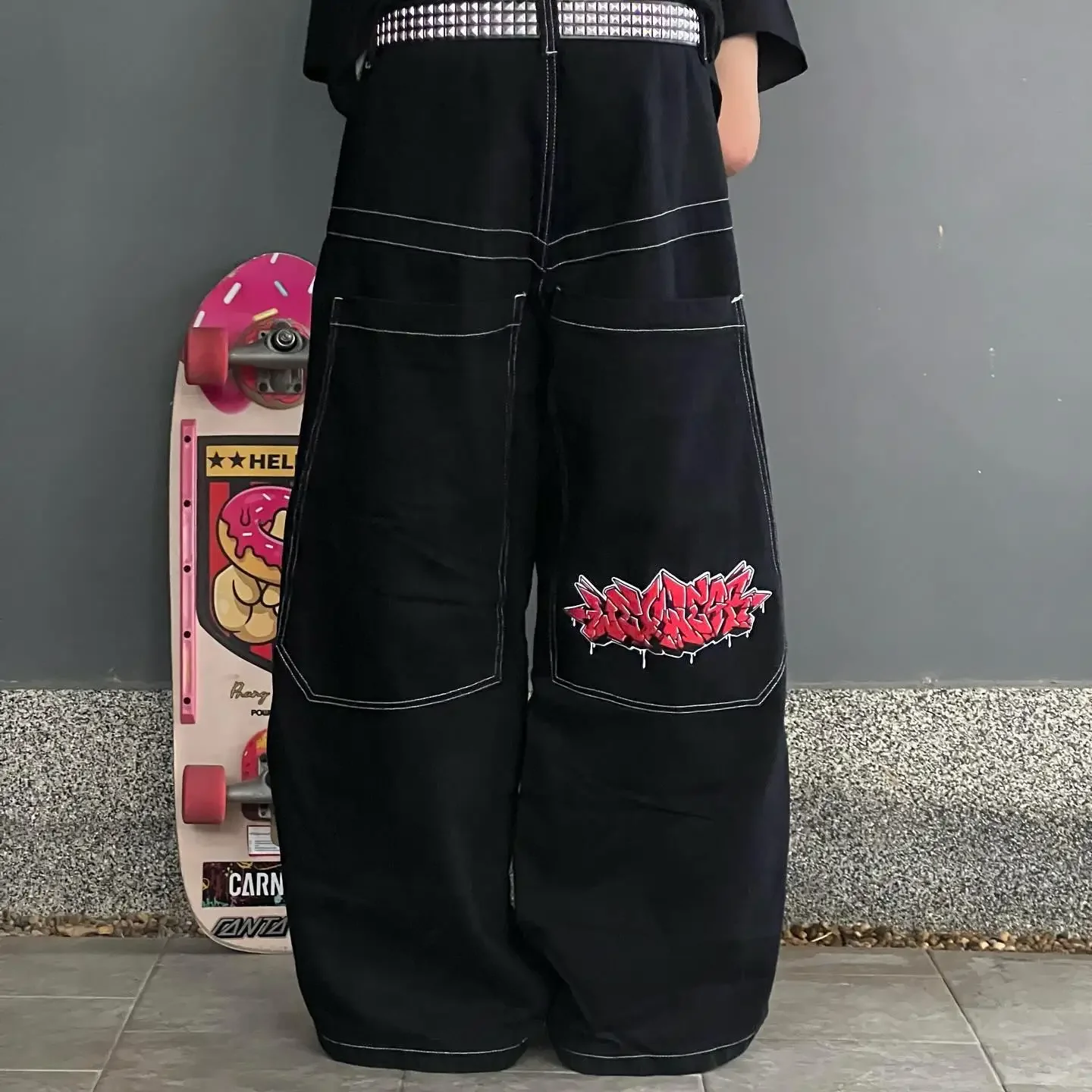

Harajuku High Waist Wide Trouser Hip Hop Retro Graphic Embroidered Baggy Jeans Streetwear Y2K Jeans Men Women Gothic Black Pants