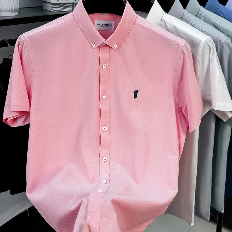 Solid Color Cotton Embroidered Small Horse Logo Shirt, Men's Short Sleeved Casual Versatile High-end Spring and Autumn Shirt