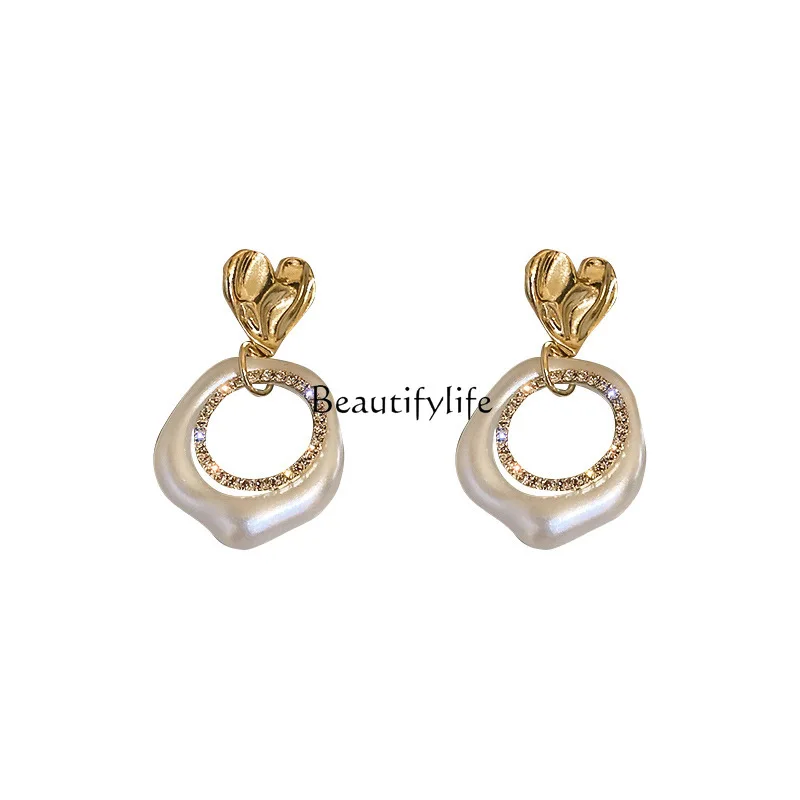 

925 Silver South Korea Pearl Diamond Love Heart Earrings Geometric Circle Hollow Earrings