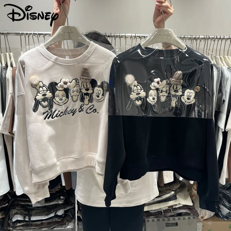 

Disney Clothes Mickey Embroidered Round Neck Pullover Women Luxury Design Fleece Sweatshirt Y2k Female Fashion Short Style Tops