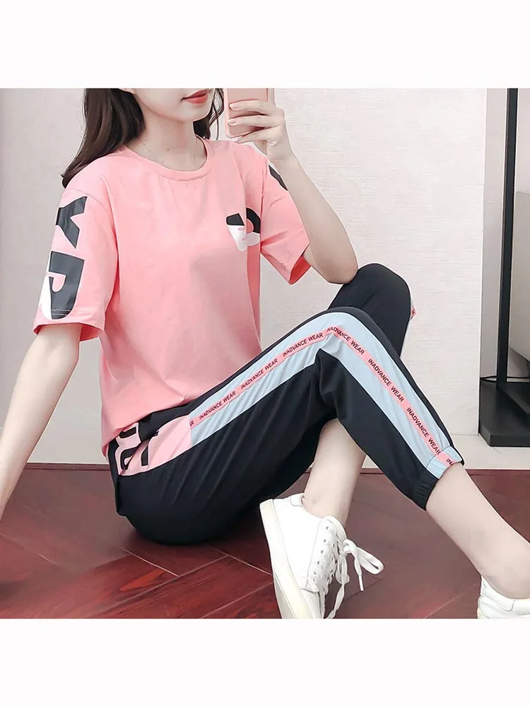 Women's Sports Suit Korean Version Print Short-sleeved Gym T-shirt Running  Trousers Suit Fashion Loose Two-piece Fitness Clothes - AliExpress