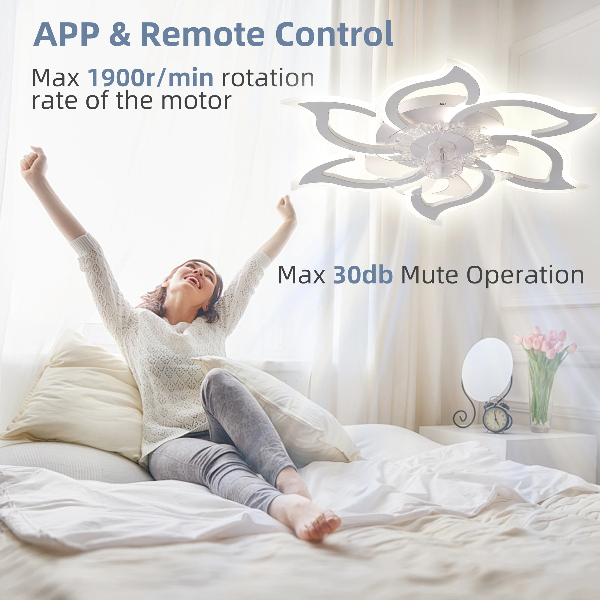 Smart Lotus-Shaped Ceiling Fan with Light, Adjustable Color Temperature and Brightness, 6 Wind Speeds, Reversible for Winter and Summer, Remote Control + App Control, 30Db Silent, Suitable for Multiple Scenarios
