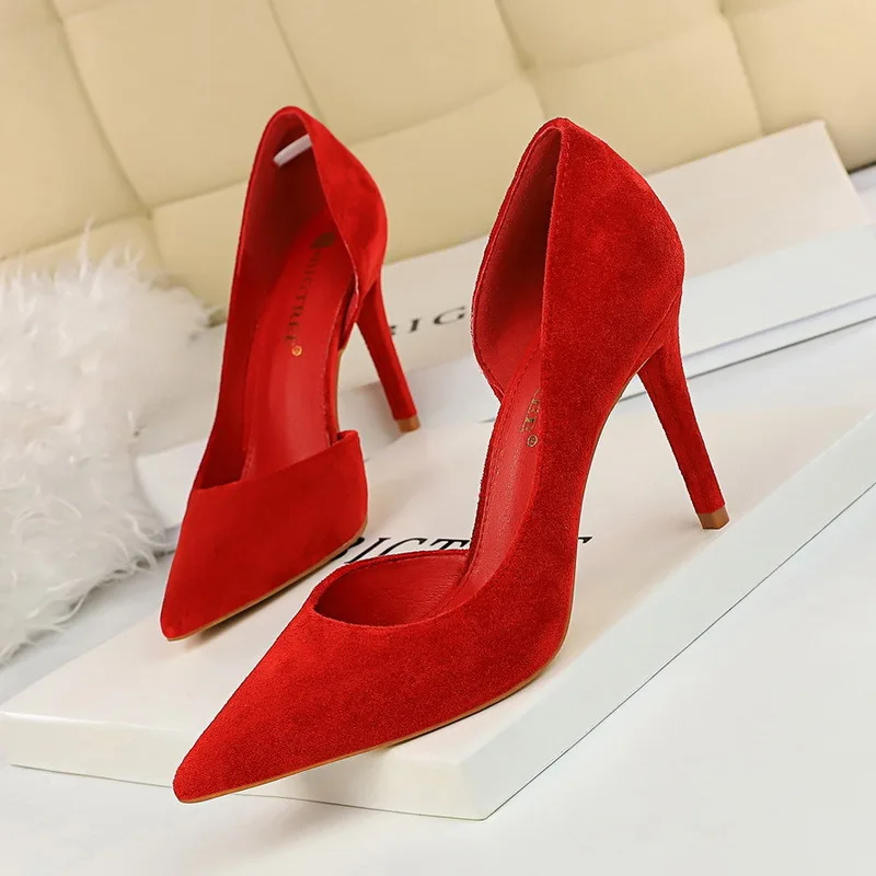 Wonen Pumps Fashion Office Shoes Side space Flock Pointed Toe Thin Heels 9.5CM Female Pumps  Shallow Mouth Women Shoes